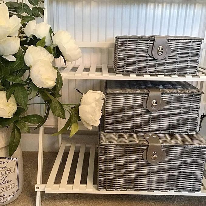 Set of 3 Woven Wicker Storage Basket Box with Lids & Lock, Built-in Carry Handles, Multifunctional Storage Organizer for Nursery, Baby, Clothes, Toys, Books, Large/Medium/Small Size (Grey) - Image 8