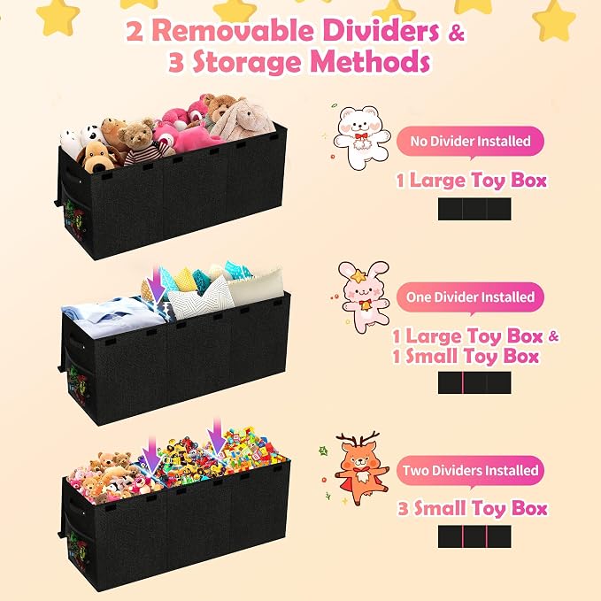 Extra Large Toy Box, Collapsible Toy Storage Organizer, 40"x16"x16", Black | Sturdy Kids Toys Bin Chest with 2 Mesh Pockets and Dividers for Boys Girls, Bedroom & Living room Toy Organization - Image 6