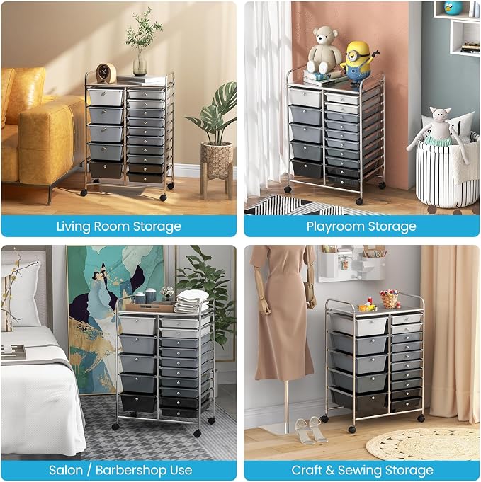 DREAMADE Rolling Cart with 15 Drawers, Rolling Drawer Organizer Cart w/Lockable Wheels, Removable & 2-Sized Storage Drawers, Art Cart for School Home Art Supplies Crafts File Scrapbook (Mixed-black) - Image 7
