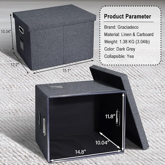 Storage Bins With Lids Office Organization File Folder Organizer Boxes | Dark Gray, 4 Pack, 15.1" * 12.2" * 10.04", Built-In Handle, Collapsible, Stackable, Dustproof, Linen Fabric, Cardboards - Image 2