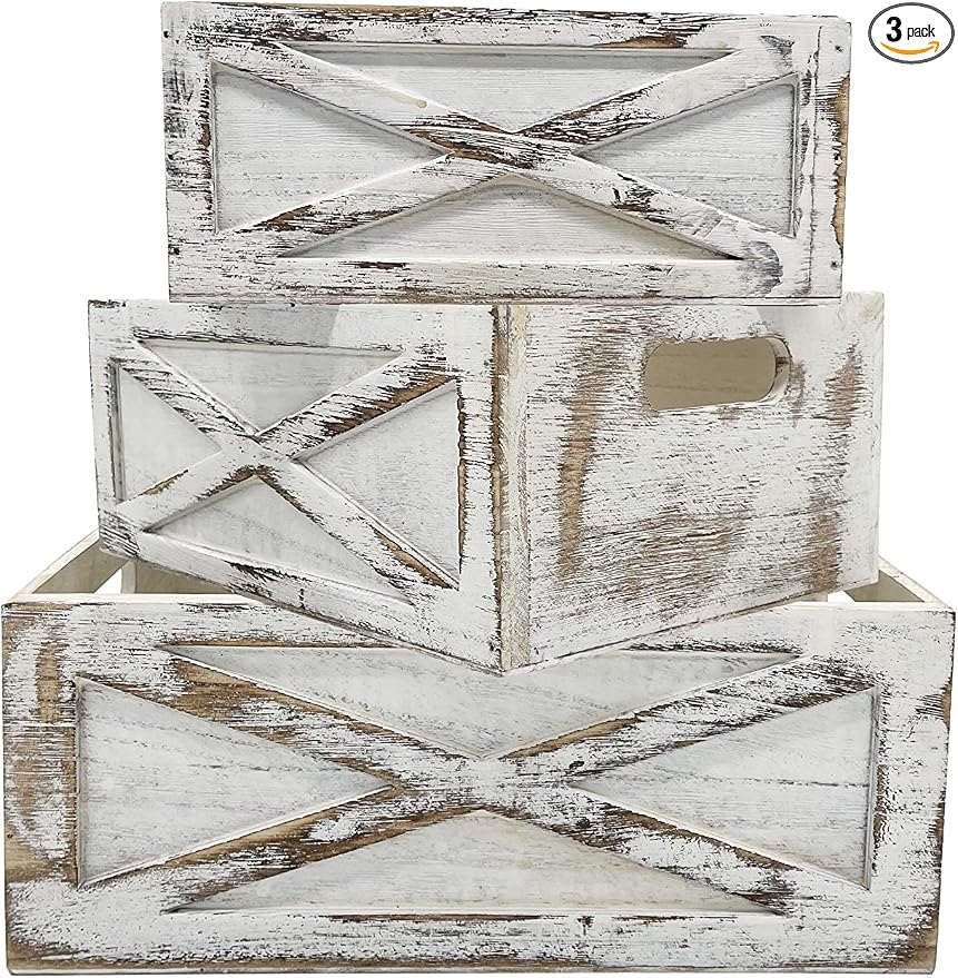 Admired By Nature Wooden Crates Storage Container, 3pc Farmhouse Style Decorative Baskets for Home Decor, Rustic Decor, Nesting Stackable Organizers, Distressed Wood Crates, Achromatic Barn Door White by AdmiredbyNature