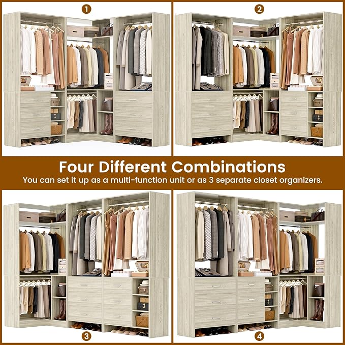 Aheaplus Closet System with 6 Drawers, 4 Hanging Rods & Corner Tower, Corner Closet System with Hanging, 86.8" L-Shaped Walk-In Wardrobe Organizer, 2000+ lbs Capacity, Set of 3, White Oak - Image 3