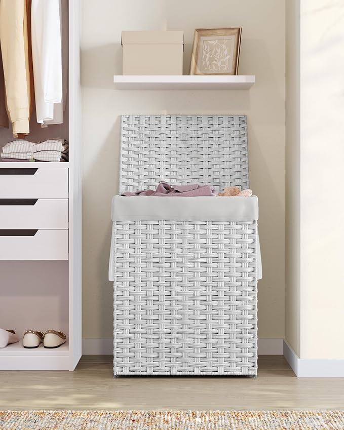 SONGMICS Laundry Hamper with Lid, 23.8 Gal (90 L) Synthetic Rattan,Foldable | Clothes Laundry Basket with Handles, Removable Liner, Cloud White, ELIOTT Collection ULCB165W01 - Image 9
