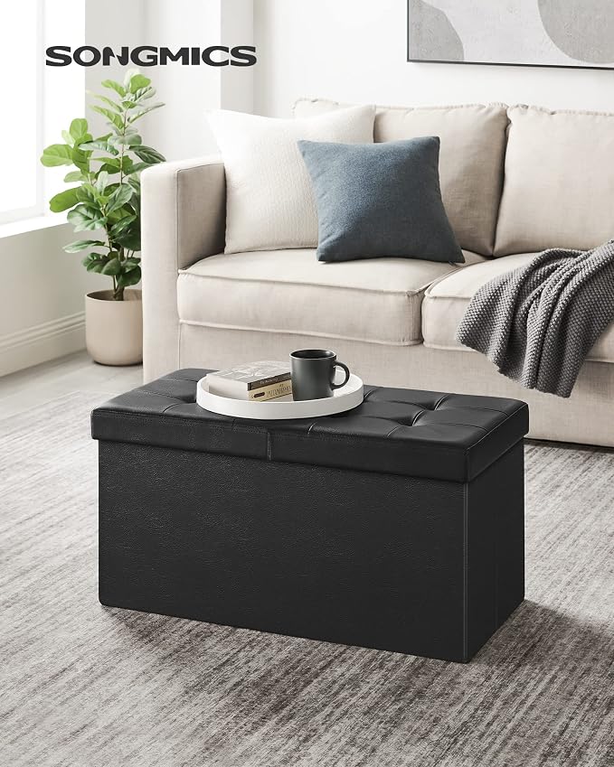 SONGMICS MAZIE Collection - 30 Inches Storage Ottoman Bench with Flipping Lid, Storage Chest Footstool, Load 660 lb, for Entryway, Living Room, Bedroom, Synthetic Leather, Black ULSF45BK - Image 2