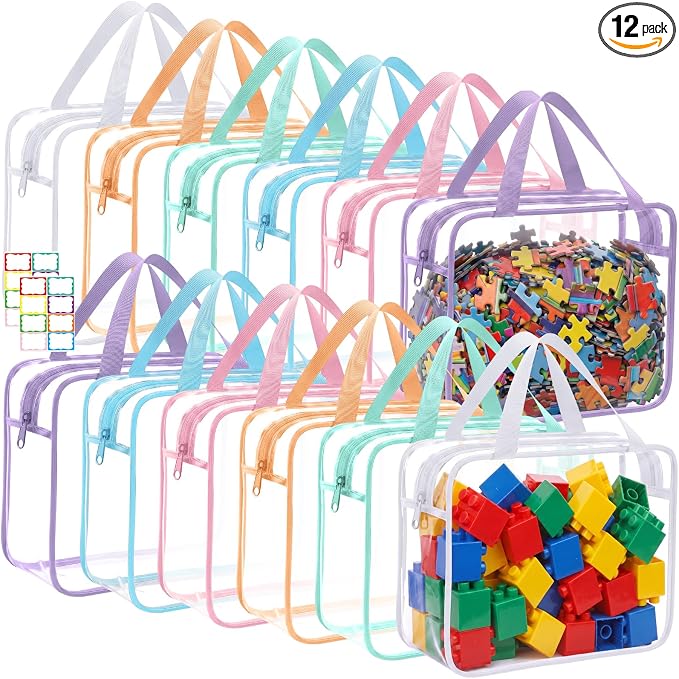 Shinylin 12 Packs Large Toy Storage Bags with Labels Clear PVC Toy Organizer with Zipper Colorful Classroom Storage Reusable Waterproof Organizer for Playroom School Blocks Game (Pastel Color) by Shinylin