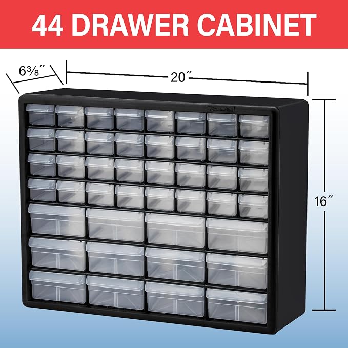 Akro-Mils 44-Drawer Plastic Storage Cabinet, 20" W x 6" D x 16" H, Red | Plastic Cabinet w/ Drawers for Garage Organization, Beads, Building Bricks Storage, Teacher Toolbox, Makeup Organizer, 10144 - Image 3