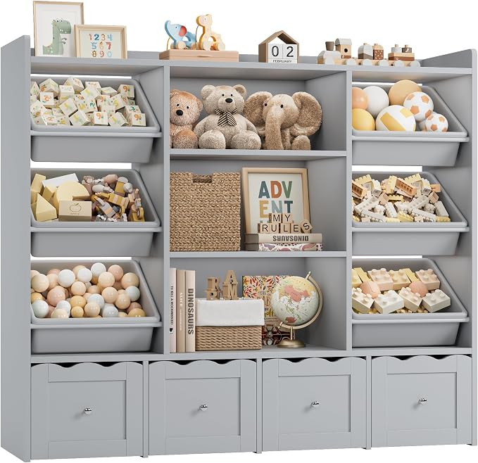 HITHOS 55" W Kids Toy Storage Organizer with 10 Toy Box & Book Shelf, Gray | Large Toy Organizers and Storage with Kids Bookshelf & 6 Plastic Toy Chests & 4 Movable Drawers for Kids Room, Playroom - Image 7