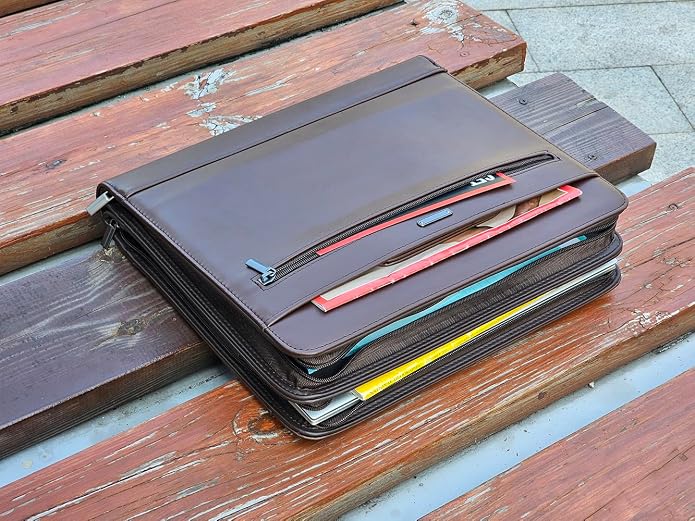 14" Laptop Briefcase, Vegan Leather Portfolio with Zipper Compartments x 2, A4 Papers Holder Padfolio Organizer - Image 3