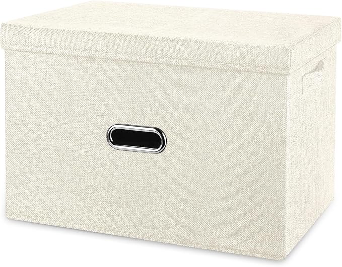 Large Linen Fabric Foldable Storage Bins with Removable Lid and Handles, Washable Storage Box Organizer Containers Baskets Cube with Cover for Bedroom,Office(Cream, Extra Large) by Unknown