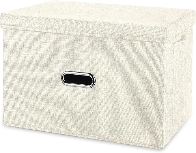 Large Linen Fabric Foldable Storage Bins with Removable Lid and Handles, Washable Storage Box Organizer Containers Baskets Cube with Cover for Bedroom,Office(Cream, Small) by Unknown