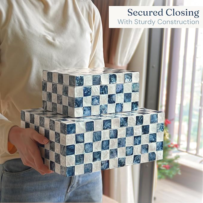 12"x8" Decorative Capiz Boxes Keepsake Trunk, Navy Blue, Set 2 | Handmade capiz inlaid keepsake boxes for photos, blue checkered boxes, checkered box decor, blue storage box for bedroom - Image 5