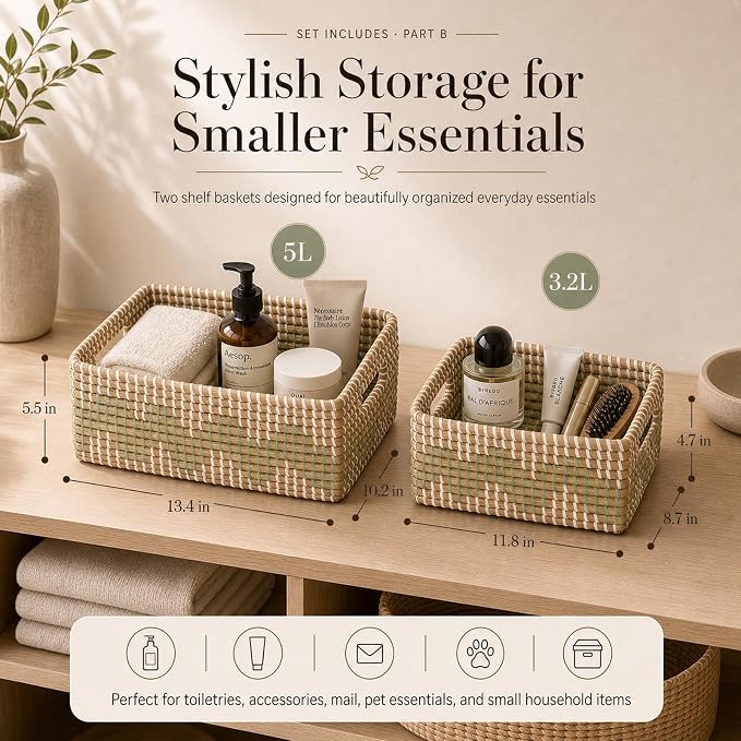 Sea Grass Storage Basket Set of 4, Handwoven Wicker Storage Organizer, Includes 2 Laundry Hampers with Lids, 2 Bins for Shelves and Removable Washable Liners for Bathroom, Bedroom, Laundry Room - Image 4