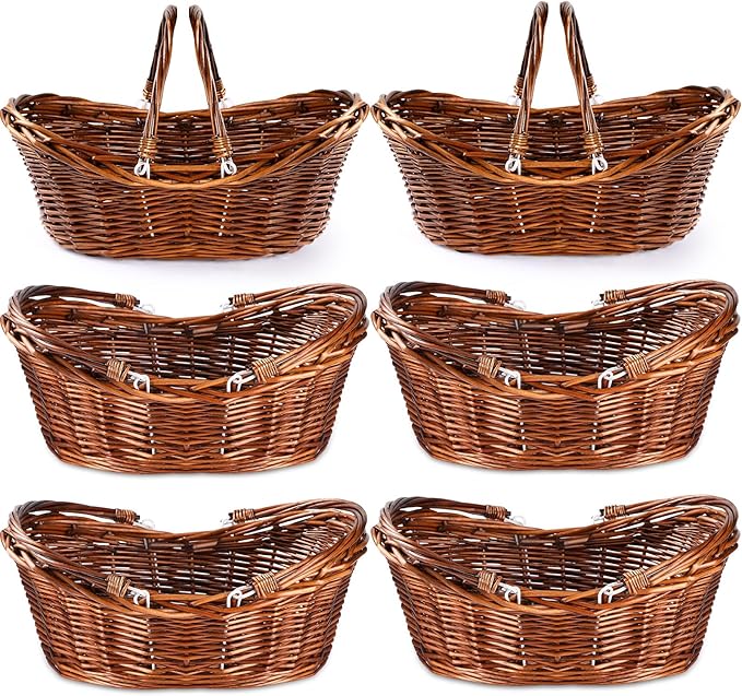 Wesiti 6 Pcs Wicker Picnic Basket with Handle, Hand Woven Harvest Basket Bulk, Wicker Flower Hoppet for Storage, Picnics, Easter, Organizing, Egg Gathering, Candy, Wedding(Dark Brown) by Unteilti