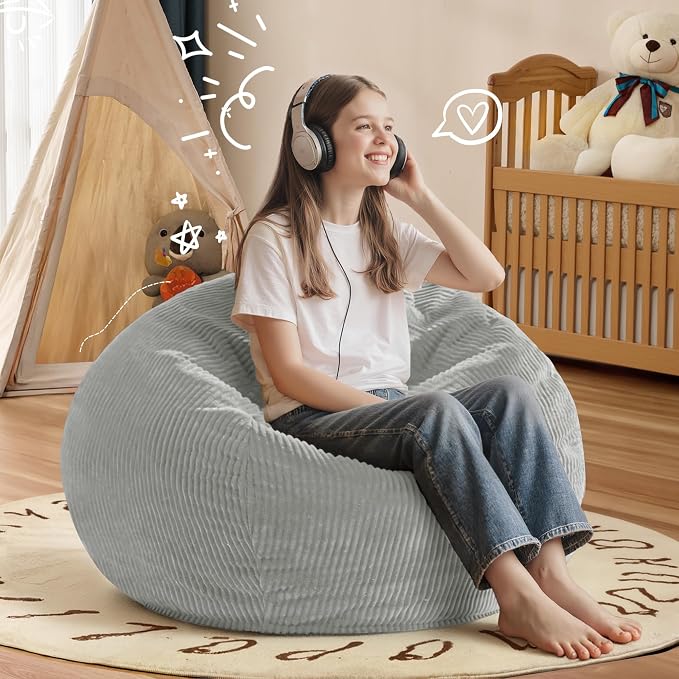 2FT Bean Bag Chair: 2' Small Bean Bags with Memory Foam Filled | Beanbag Chairs with Handle,Teardrop Bean Bag Sofa with Corduroy Machine Washable Cover for Living Room,Bedroom-Light Grey - Image 5