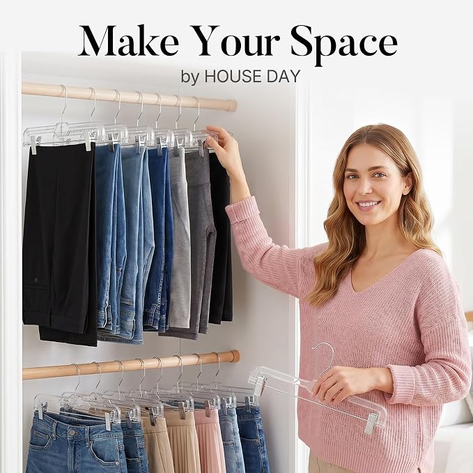 HOUSE DAY Clear Pants Hangers with Clips 12 Pack, Plastic Skirt Hangers for Women, 14 Inch Clip Hanger for Pants, Skirts, Jeans, Shorts, Legging, with 360-degree Swivel Hook, 2 Adjustable Clips - Image 2