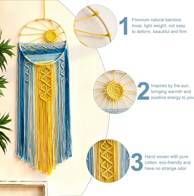 Artilady Macrame Wall Hanging Tapestry Boho, Blue Dream Catcher Sun Decor | Large Tapestry, Handmade Woven, Farmhouse Rustic, Colorful Sun Wall Art, Bedroom Living Room Kitchen Home Decor - Image 3