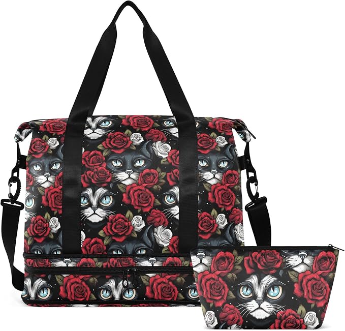 Travel Duffel Tote Bag Gothic Skull Cat Rose Sports Duffel Bag with Wet Pocket Weekender Overnight Bag for Women Men Gym Bag, Carry On Bag Hospital Bag for Labor and Delivery by MNSRUU