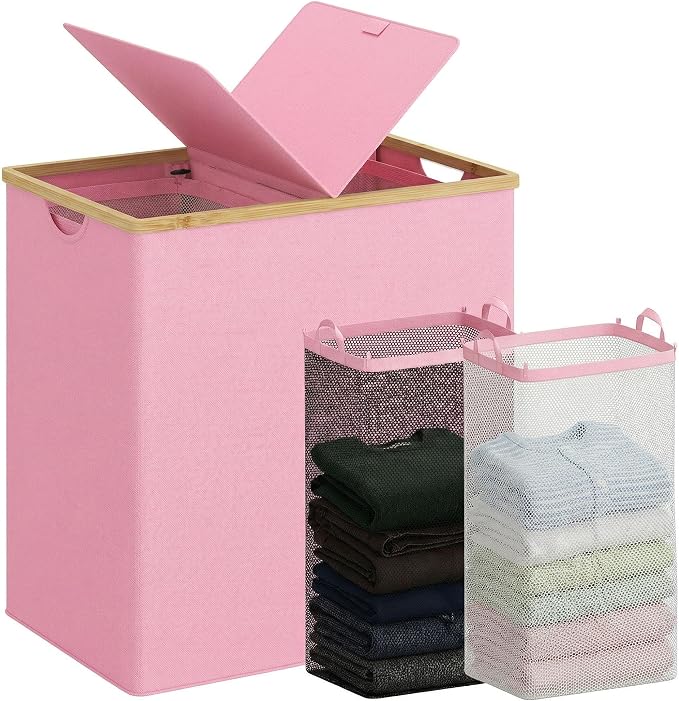 efluky Laundry Hamper with Lid, Double Laundry Basket with 2 Removable Bags, 2 Section Laundry Bin with Bamboo Handles for Bathroom, Bedroom & Laundry Room, 140L (36.9 Gallon) Pink by efluky