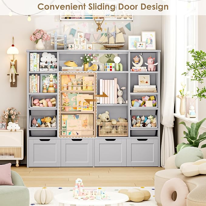 Toy Storage with Sliding Bookshelf, Toy Organizer with 4 Bins | 55.1’’ W Large Toy Storage Organizer Kids Bookshelf with 4 Movable Drawers, Toy Bins Playroom Storage for Kid Room, Grey - Image 4