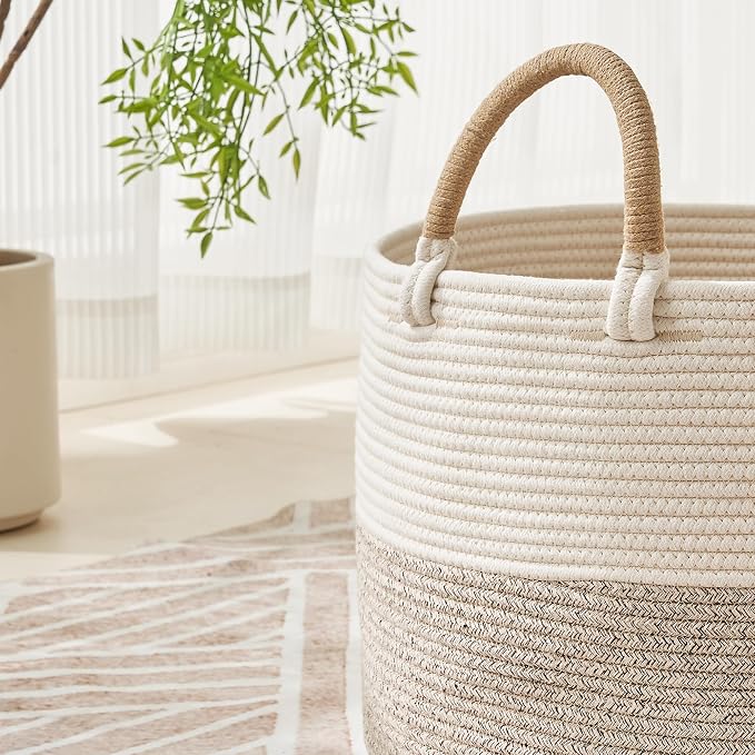 KAKAMAY Large Blanket Basket with Handles, Storage Basket for Living Room | Extra Large Capacity | Natural Cotton Rope | Blanket Storage | Woven Storage Basket | Stuffed Animal Storage | Laundry Basket - Image 2