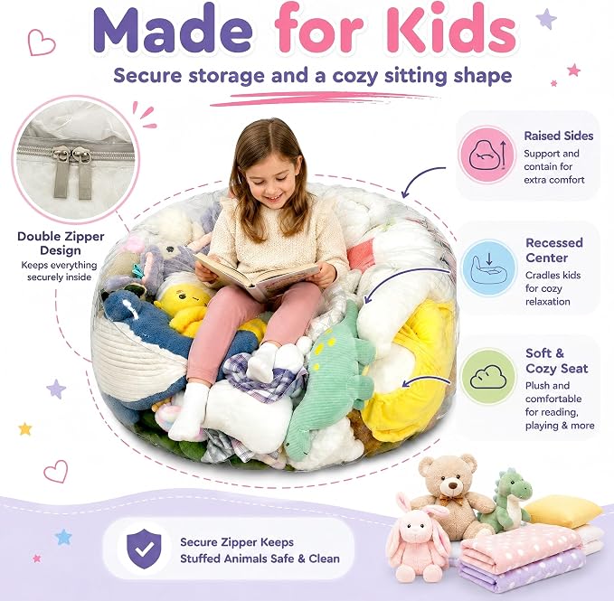 Clear Stuffed Animal Storage Bean Bag Chair Cover for Kids with Zipper | Transparent Waterparoof, Wipe Clean Thicker PVC, Holds 50+ Stuffed Animals, Double Zipper for Plush Toys Storage & Organizing - Image 6