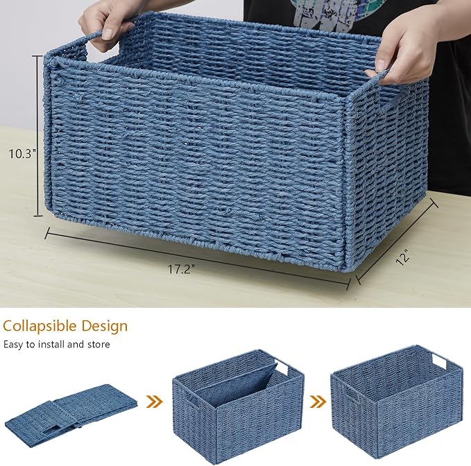Wicker Storage Basket, Set of 2 Hand-Woven Paper Rope Wicker Basket, Large Storage Baskets for Organizing Toilet Paper, Foldable Cube Storage Organizer Bins for Shelves (Blue) - Image 2