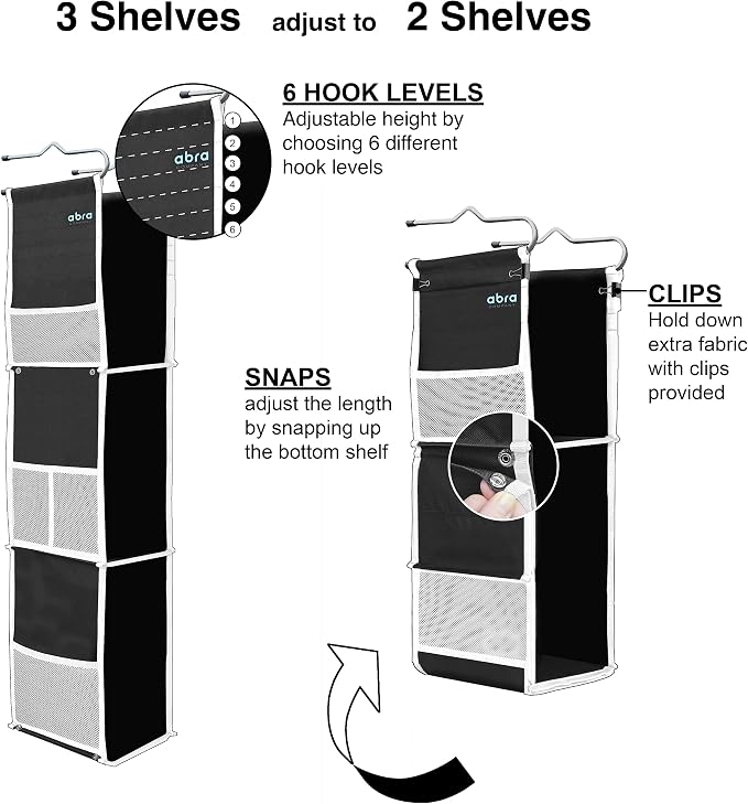 ABRA® 3 Shelf Hanging Locker Organizer for School, Work, Gym | Deep Shelves 6.5”x 9”| Eco-Friendly Fabric Healthy for Children | Adjustable School Locker Shelf from 3 to 2 Shelves (Black/White) - Image 5