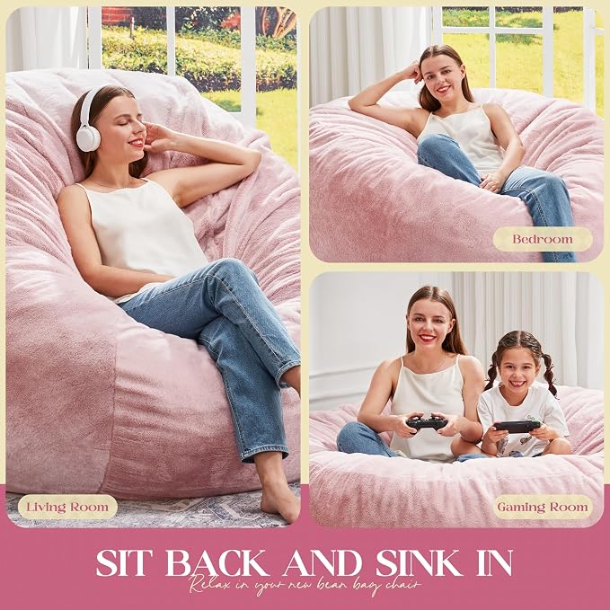 Hobestluk Bean Bag Chair for Adult Giant Beanbag with Filler Pink 5FT | Breathable Material Removable Machine Washable Cover Memory Foam Living Room Bedroom Reading Gaming Oversized Large Big - Image 5