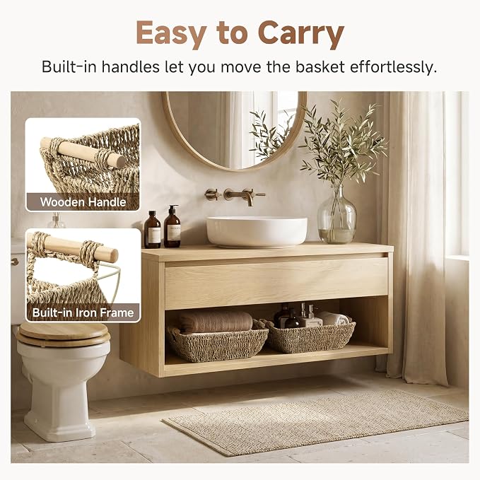 StorageWorks Seagrass Storage Baskets, Large Snack Baskets for Shelves | Wicker Storage Baskets for Shelves, Baskets with Wooden Handles, 2-Pack Gifts Basket for Home Decor, Hand-Woven Basket - Image 4