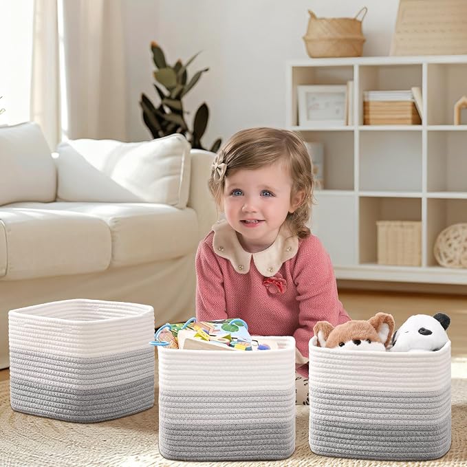 3 Pack Cube Storage Bin, 9”x9”x7” Cotton Rope Woven Baskets for Organizing Toys Clothes Towels, Square Gift Storage Baskets for Shelves, Nursery, Closet, Bathroom, Pantry (Gradient Grey) - Image 2