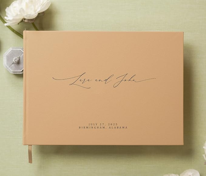 Personalized Guestbook in Tan - Premium Tan Leatherette Custom Modern Guest Book for Wedding Reception, Birthday Party or Events w/Bookmark Blank Pages for Signing, Large 11.5 x 8.5 inches - Image 2