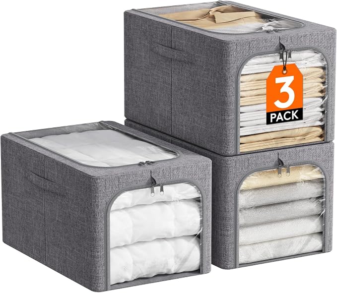 Lifewit Clothes Storage Bins with Metal Frame 3 Pack, Fabric Stackable Storage Bags with Lids, Zipper, Foldable Clost Organizers Containers for Clothing, Blanket, Winter Cloth, 40L by Lifewit