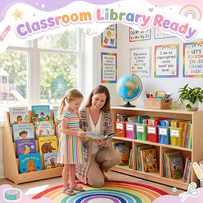 Blosssound 6 Set Book Bins for Classroom Stackable,Translucent Colorful | Plastic Baskets with Labels, Slanted Front, Library Supplies Organizers, Desktop Storage Bins, Teachers Home School Use - Image 5