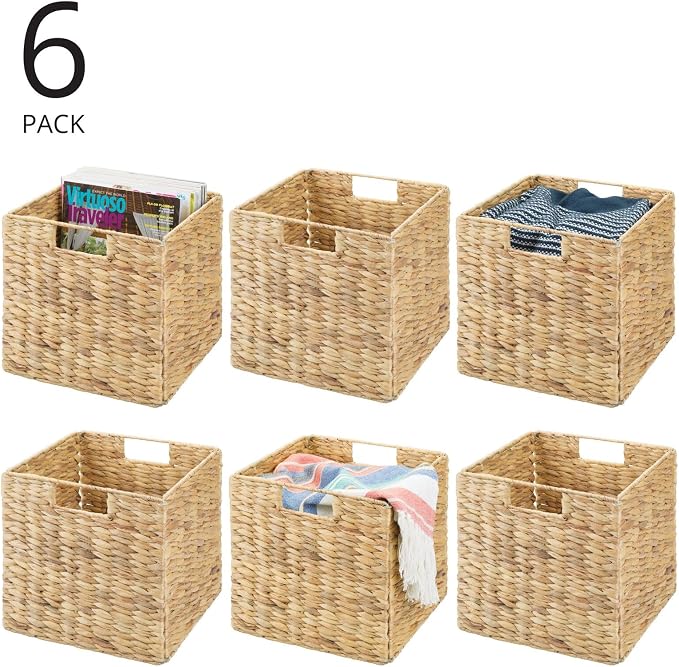 mDesign Natural Woven Hyacinth Cube Organizer Basket with Handles, Storage for Bathroom, Laundry Room Shelf or Nursery - Perfect for Cubby Storage Units - Hold Blankets and Books - 6 Pack, Natural/Tan - Image 2