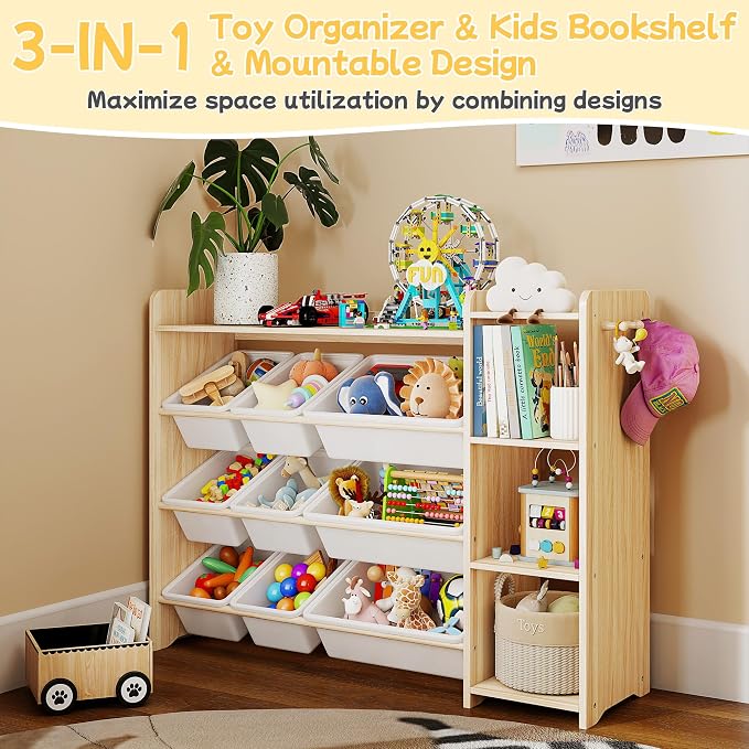 GITAWUSA Kids Toy Storage Organizer, Wooden Shelf with 3 Tiers and 9 Storage Bins, Nursery Room Organizer for Books and Toys, White and Natural Wood - Image 3