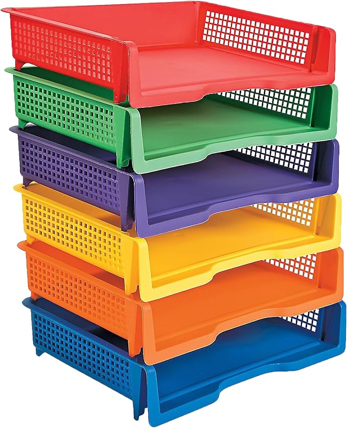 Fun Express Paper Organizer Stackable Plastic Trays 6 Pack | Colorful Desktop Organization System, Classroom & Office, Letter Size Paper Storage Bins, Teachers, Students & Home Use by FunExpress
