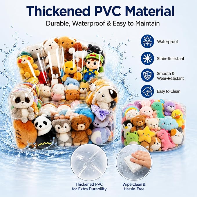 Clear Stuffed Animal Storage Bean Bag Chair Cover for Kids with Zipper | Transparent Waterparoof Wipe Clean Thicker PVC, Holds 180+ Stuffed Animals, Double Zipper for Plush Toys Storage & Organizing - Image 5