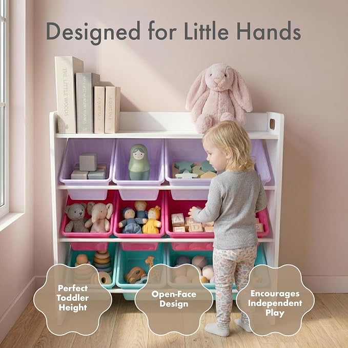 Humble Crew Kids Toy Organizer with Display Shelf, 9 Bins, 3 Tier Storage | Sturdy wood and steel toddler shelf, removable BPA-free containers, wall anchor anti-tip safety kit for bedroom or classroom - Image 4