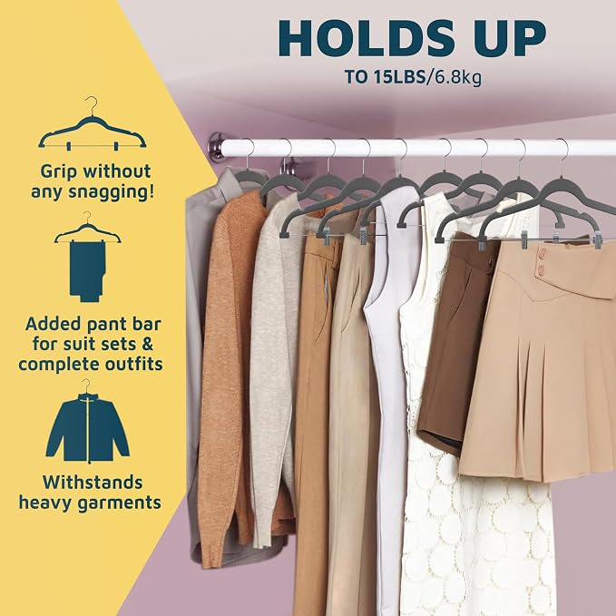 Lifemaster Velvet Skirt Hangers – with Adjustable Clips, 360 Degree Swivel Hook, and Non-Slip Shoulder Notch, Holds Up to 10 lbs, for Organizing Skirt, Pants, Dress, and Clothes, Pack of 30, Gray - Image 8