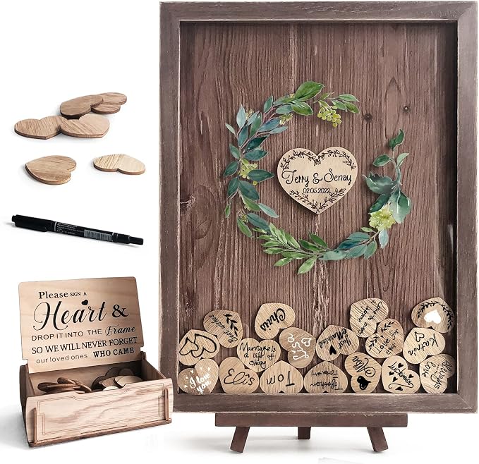 Y&K Homish Wedding Guest Book, Guest Book Alternative Favors with 80 Hearts & Green Wreath, Wedding Decorations for Reception(Rustic Brown) by YKHomish