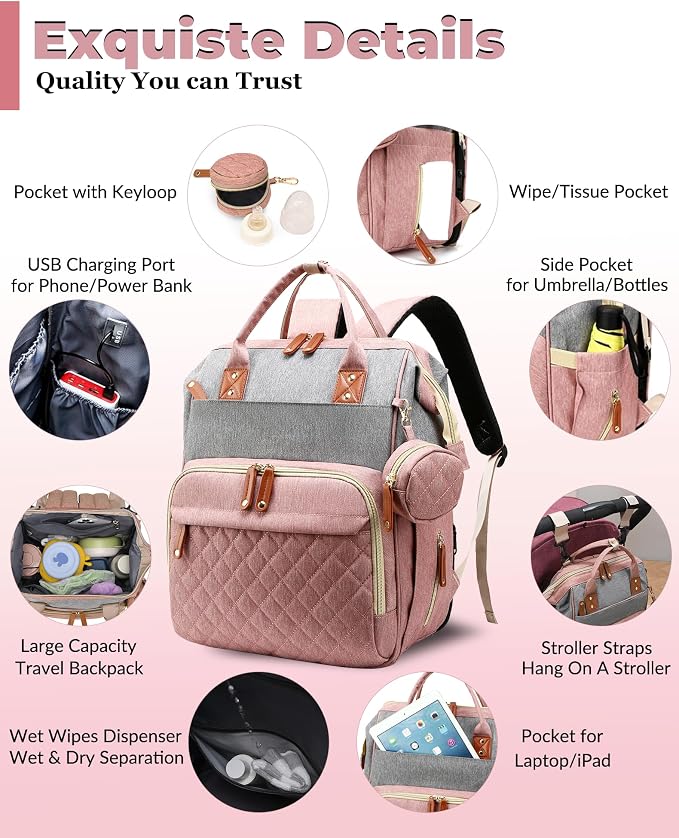 Diaper Bag with Changing Station, Waterproof 3 in 1 Diaper Backpack with Foldable Changing Pad, Large Travel Backpack for Mom & Dad, Baby Gift for Baby Girl & Boy, Pink-Grey - Image 3