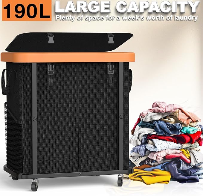 Laundry Basket with Wheels,190L Leather Patchwork Laundry Hamper 2 Setion | Sturdy Metal Frame, Removable Washable Bag, Tall Clothes Sorter for Bedroom - Black - Image 3