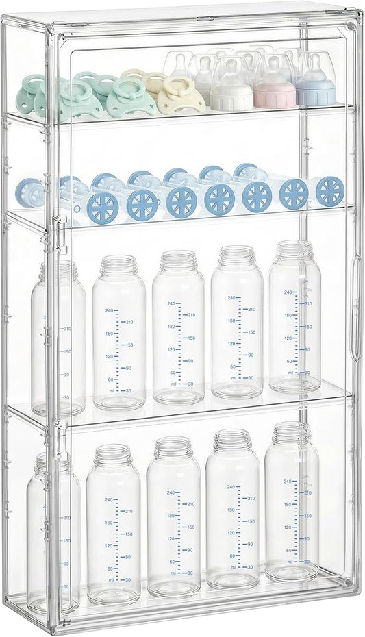 HBlife Baby Bottle Storage Organizer for Wall Countertop Cabinet, 4 Tiers Adjustable Clear Acrylic Bottles Storage Station Case Box Container with 3 Removable Dividers and Magnetic Door, Large by HBlife