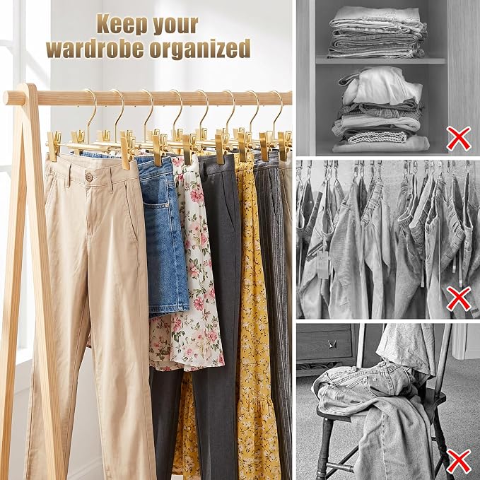 VWV 10 Pack Pants Hangers with Clips, 12.4 Inch Aluminum Skirt Hangers with 360° Swivel Hooks, Heavy Duty Space Saving Closet Hangers for Jeans, Slacks, Shorts (Gold) - Image 7