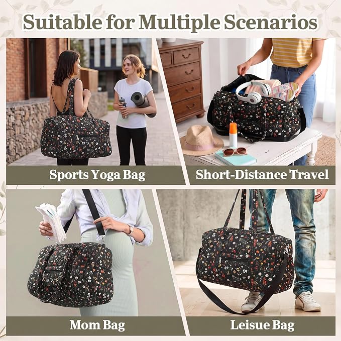 Dansydaisy Quilted Weekender Bag for Women with Makeup Pouch, Black Floral | Large Duffle Bag, Trolley Compartment & Zipper Pocket, Adjustable Carry Strap, for Mommy Dancers Travel Gym Hospital - Image 7