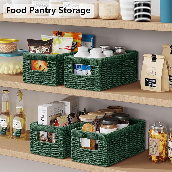 Wicker Storage Basket, Set of 2 Hand Woven Wicker Baskets for Organizing with Handles, Decorative Small Storage Bins for Countertop Toilet Paper Basket for Toilet Tank Top Shelves, Green - Image 5