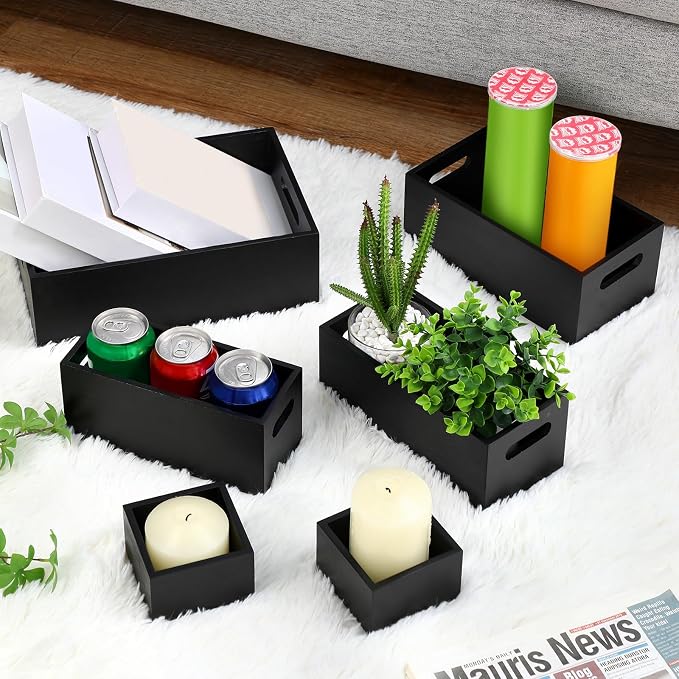 Set of 6 Wood Storage Boxes with Handles Wooden Nesting Crates Rustic Farmhouse Storage Container for DIY Crafts Party Home Table Decoration Display(Black) - Image 2