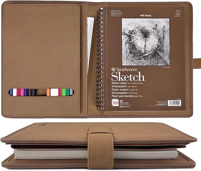 Plinyvel Brown Leather Sketchbook Cover 5.5x8.5, Travel Drawing Portfolio | Portable sketch kit organizer, pencil holder, Fits 5.5x8.5 Sketch Book, Spiral Pad, Compact artist storage case by Plinyvel