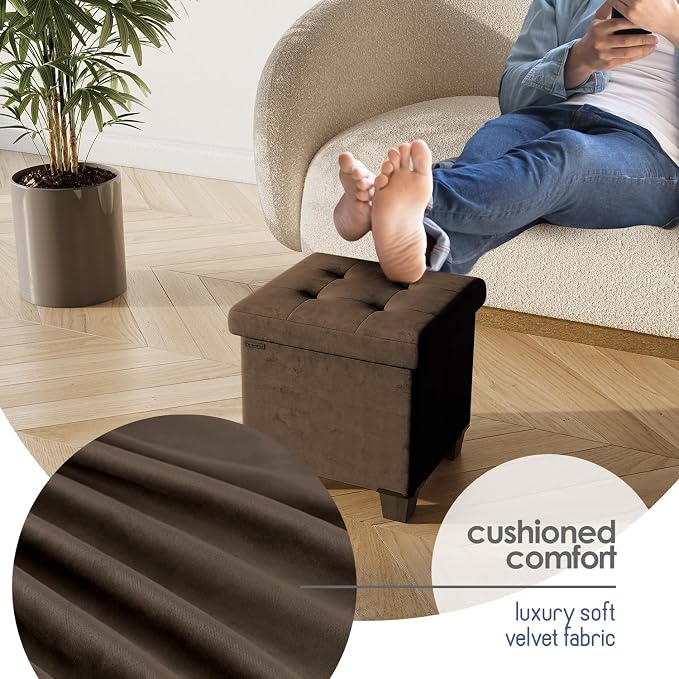 Storage Ottoman Cube with Small Bin, 15-in Square Ottoman with Storage for Living Room and Bedroom, Small Ottomans Foot Rest, Velvet Foot Stools Ottomans Max 330lbs, Brown - Image 8