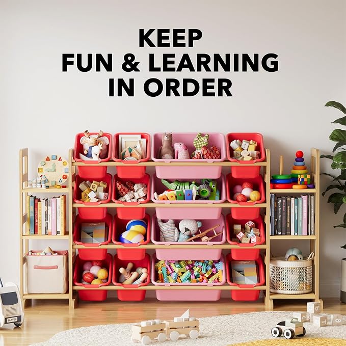 SpaceAid Toy Storage Organizer with 6 Shelves and 16 Bins, Toy Organizers Storage Bookshelf, Kids Bin Shelf Toys Box Bookcase for Bedroom Playroom Organization Room Decor, Red and Pink - Image 6